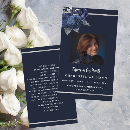 Blue white photo floral funeral prayer card
