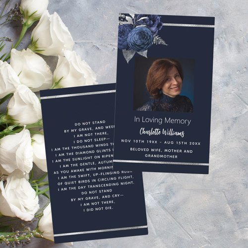 Blue white photo floral funeral prayer card