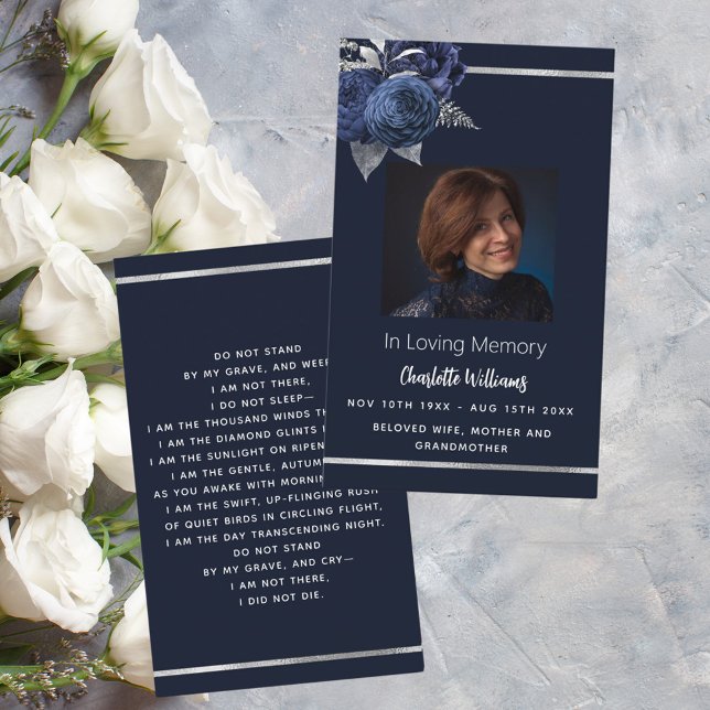 Blue white photo floral funeral prayer card (Creator Uploaded)