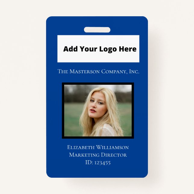 Blue White Photo Logo Barcode Employee  Badge (Front)