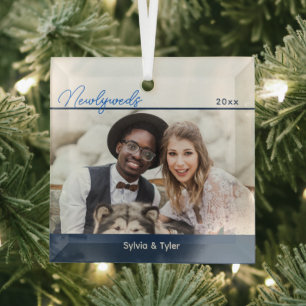 Blue White Photo Newlywed Wedding Glass Ornament