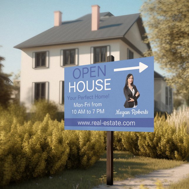 Blue White Photo Open House Real Estate Realtor Sign (open house blue white lawn sign)