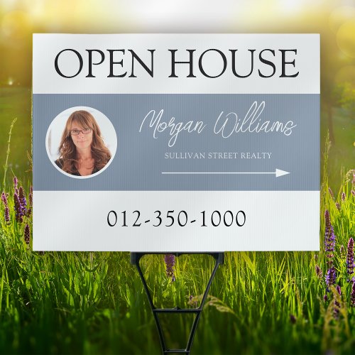 Blue White Photo Open House Real Estate  Sign