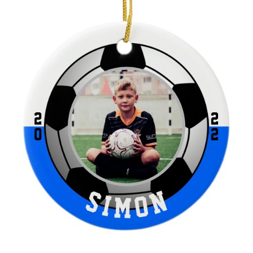 Blue White Photo Soccer One Sided Ceramic Ornament