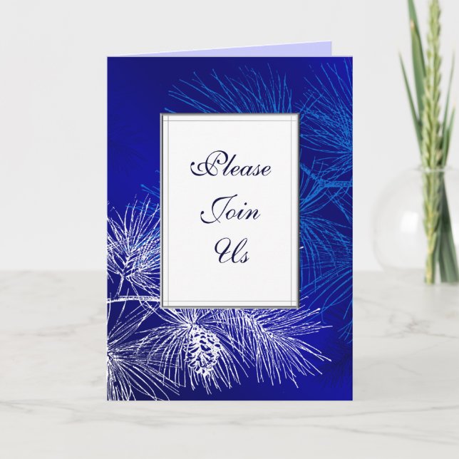 Blue White Pine Custom Folded Holiday Invitation (Front)