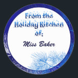 Blue White Pine Holiday Kitchen Of Custom Stickers<br><div class="desc">A custom baking or canning gift tag with letters decorated with snowflakes in blues on a white medallion against winter holiday art with an elegant pattern of pine boughs and pinecones in blue and white on an icy background of blues and violet.</div>