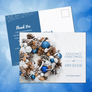 Blue White Pine Wreath Business Christmas Holiday Postcard