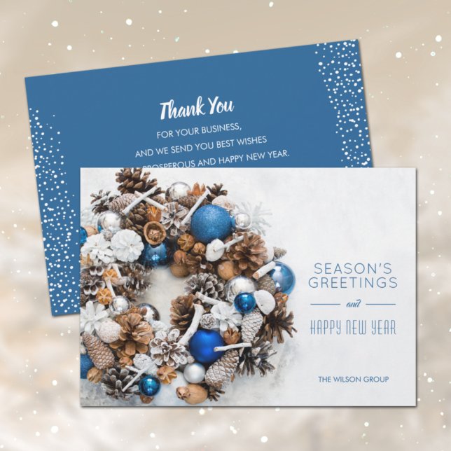 Blue White Pine Wreath Business Holiday Card (Creator Uploaded)