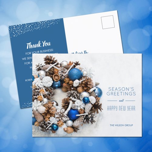 Blue White Pine Wreath Business Holiday Postcards
