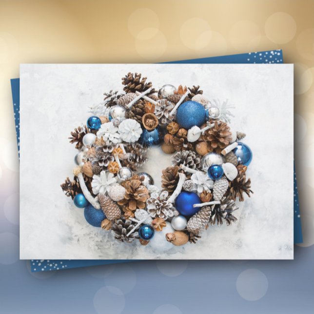 Blue White Pine Wreath Christmas Holiday Card (Creator Uploaded)