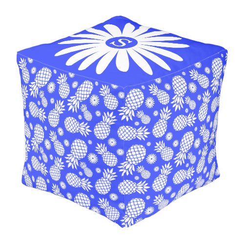 Blue white pineapple daisy monogram pattern pouf