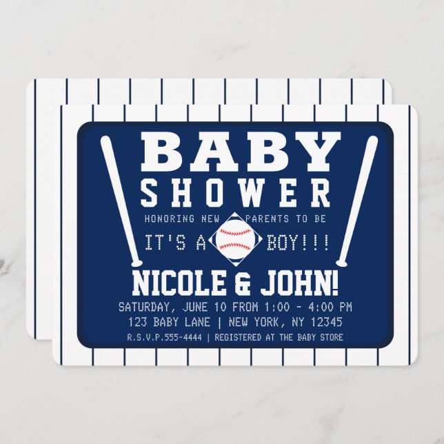 Blue & White Pinstripes Baseball Baby Shower Invitation (Front/Back)