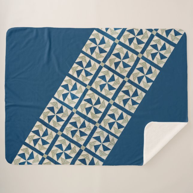Blue + White Pinwheel Quilt Pattern Contemporary  Sherpa Blanket (Front (Horizontal))