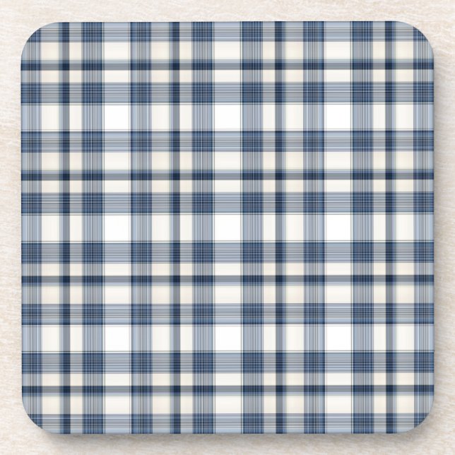 Blue White Plaid 1 Beverage Coaster (Front)
