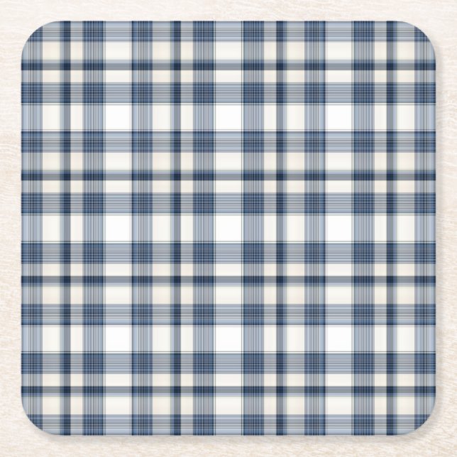 Blue White Plaid 1 Square Paper Coaster (Front)