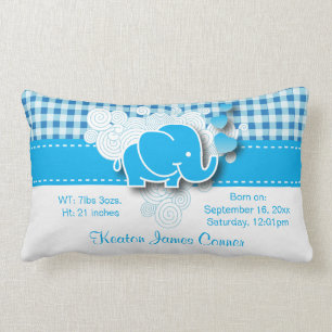 Blue & White Plaid Baby Elephant Design Lumbar Pillow