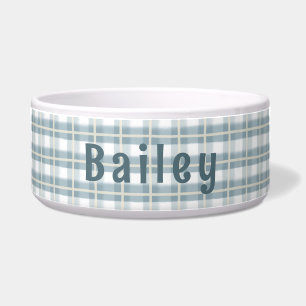 Blue & White Plaid Customizable Ceramic Dog Bowl