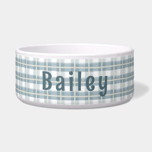 Blue & White Plaid Customizable Ceramic Dog Bowl (Front)