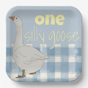 Blue & White Plaid One Silly Goose  Paper Plates