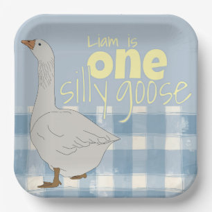 Blue & White Plaid One Silly Goose  Paper Plates