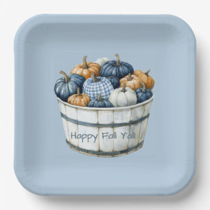 Blue White Plaid Orange Pumpkin Bucket Paper Plates