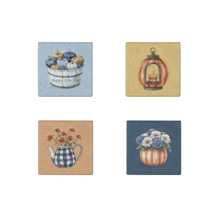 Blue White Plaid Orange Pumpkin Bucket Stone Magnet