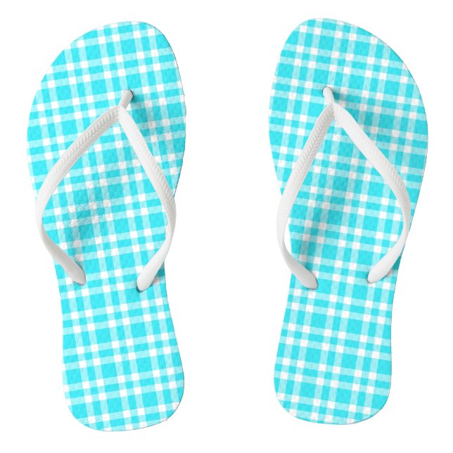 Blue White Plaid Pattern Flip Flops (Footbed)