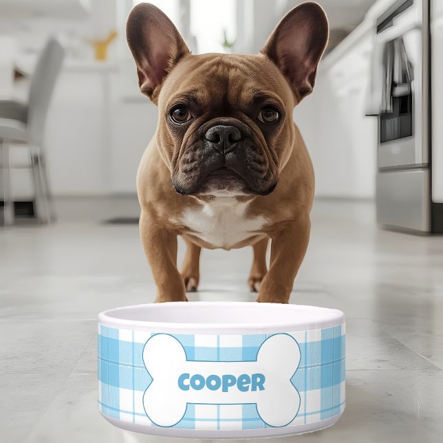 Blue White Plaid Pattern Name Bone Dog Food Water Bowl (Creator Uploaded)