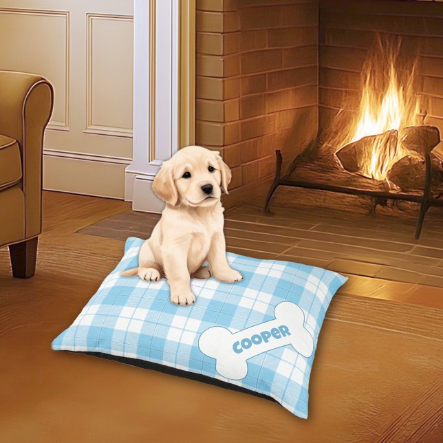 Blue White Plaid Pattern Name Bone  Pet Bed (Creator Uploaded)
