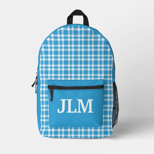 Blue White Plaid Personalize Pattern Printed Backpack (Front)
