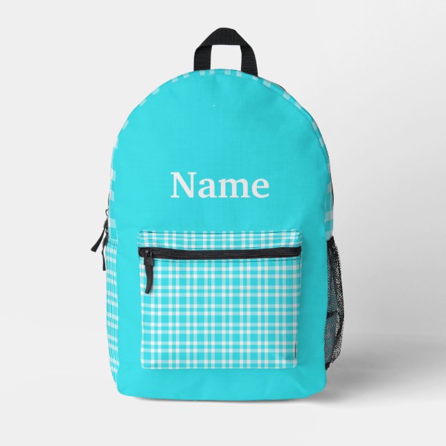 Blue White Plaid Personalize Pattern Printed Backpack (Front)