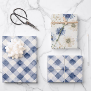 Blue White Plaid Stripes Birthday Wrapping Paper Sheets