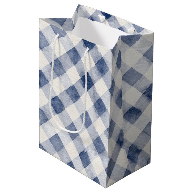 Blue White Plaid Stripes Bridal Shower Medium Gift Bag (Front Angled)