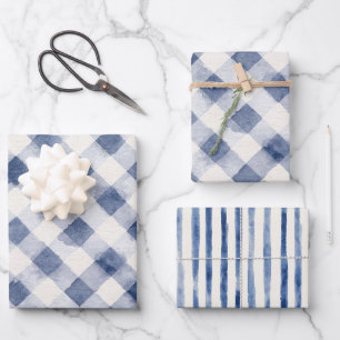 Blue White Plaid Stripes Bridal Shower Wrapping Paper Sheets