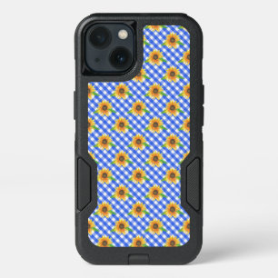 BLUE & WHITE PLAID WITH ORANGE SUNFLOWERS iPhone 13 CASE
