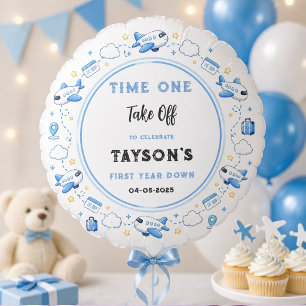 Blue White Plane 1st Birthday Time One Take Off Balloon
