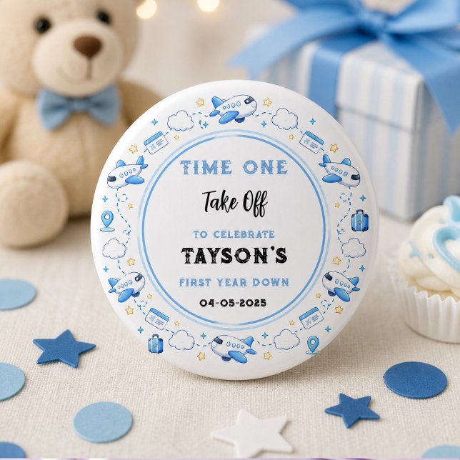 Blue White Plane 1st Birthday Time One Take Off Button (Blue White Plane 1st Birthday Time One Take Off Button
)