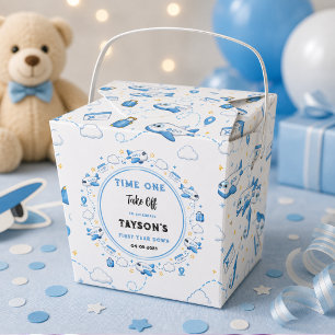 Blue White Plane 1st Birthday Time One Take Off Favor Boxes