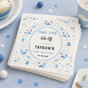 Blue White Plane 1st Birthday Time One Take Off Napkins