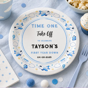 Blue White Plane 1st Birthday Time One Take Off Paper Plates