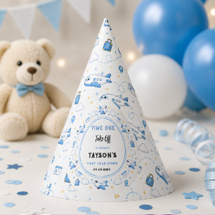 Blue White Plane 1st Birthday Time One Take Off Party Hat