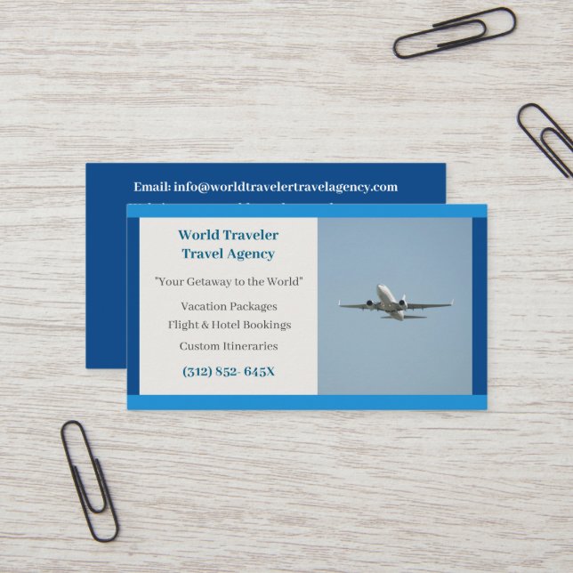 Blue White Plane Agent Airplane Travel Agency  Business Card (Front/Back In Situ)