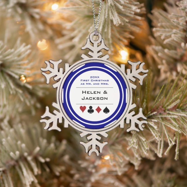 Blue White Poker Chip First Christmas Mr & Mrs Snowflake Pewter Christmas Ornament (Tree)