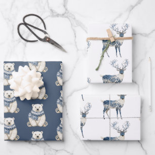 Blue White Polar Bear Deer Christmas Wrapping Paper Sheets
