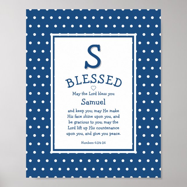 Blue White Polka Dot Name Baby Blessing Nursery Poster (Front)