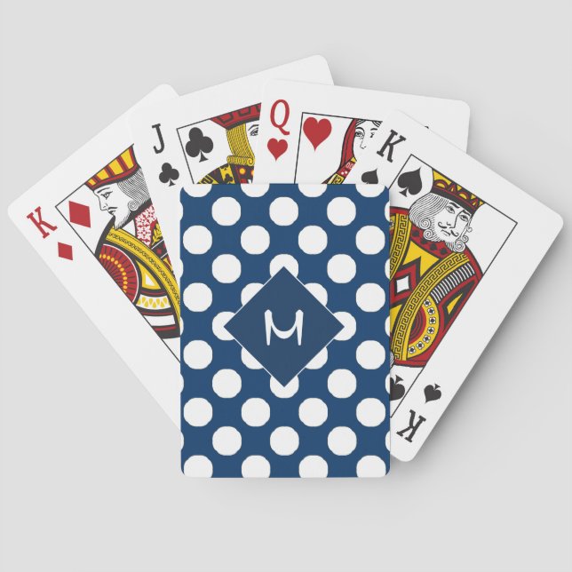 Blue White Polka Dot Pattern Monogram Poker Cards (Back)