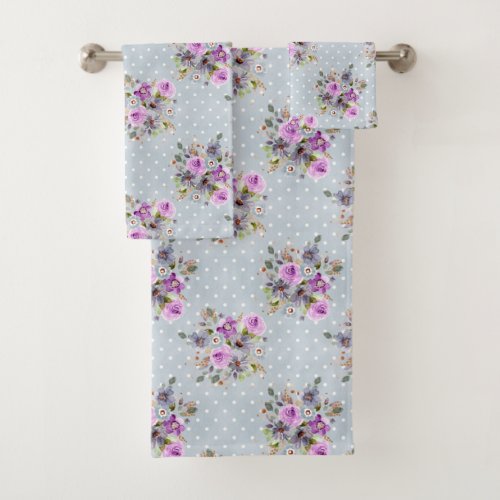 Blue White Polka Dot Purple Watercolor Floral Bath Towel Set