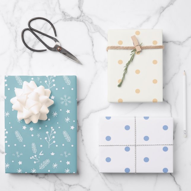 Blue & White Polka Dots, Blue Snowflakes, Stars Wrapping Paper Sheets (Front)
