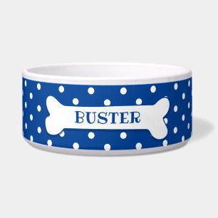 Blue White Polka Dots Dog Bone Personalized Dog Bowl