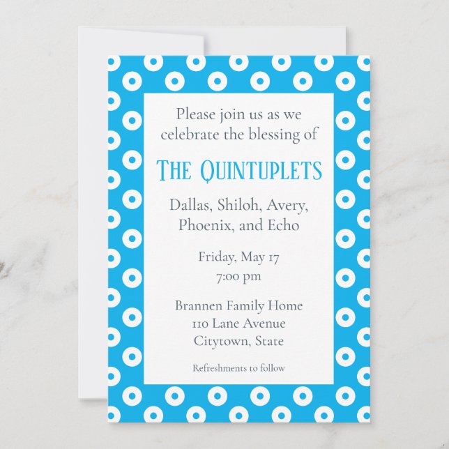 Blue & White Polka-Dots Multiple Baby Blessing Invitation (Front)